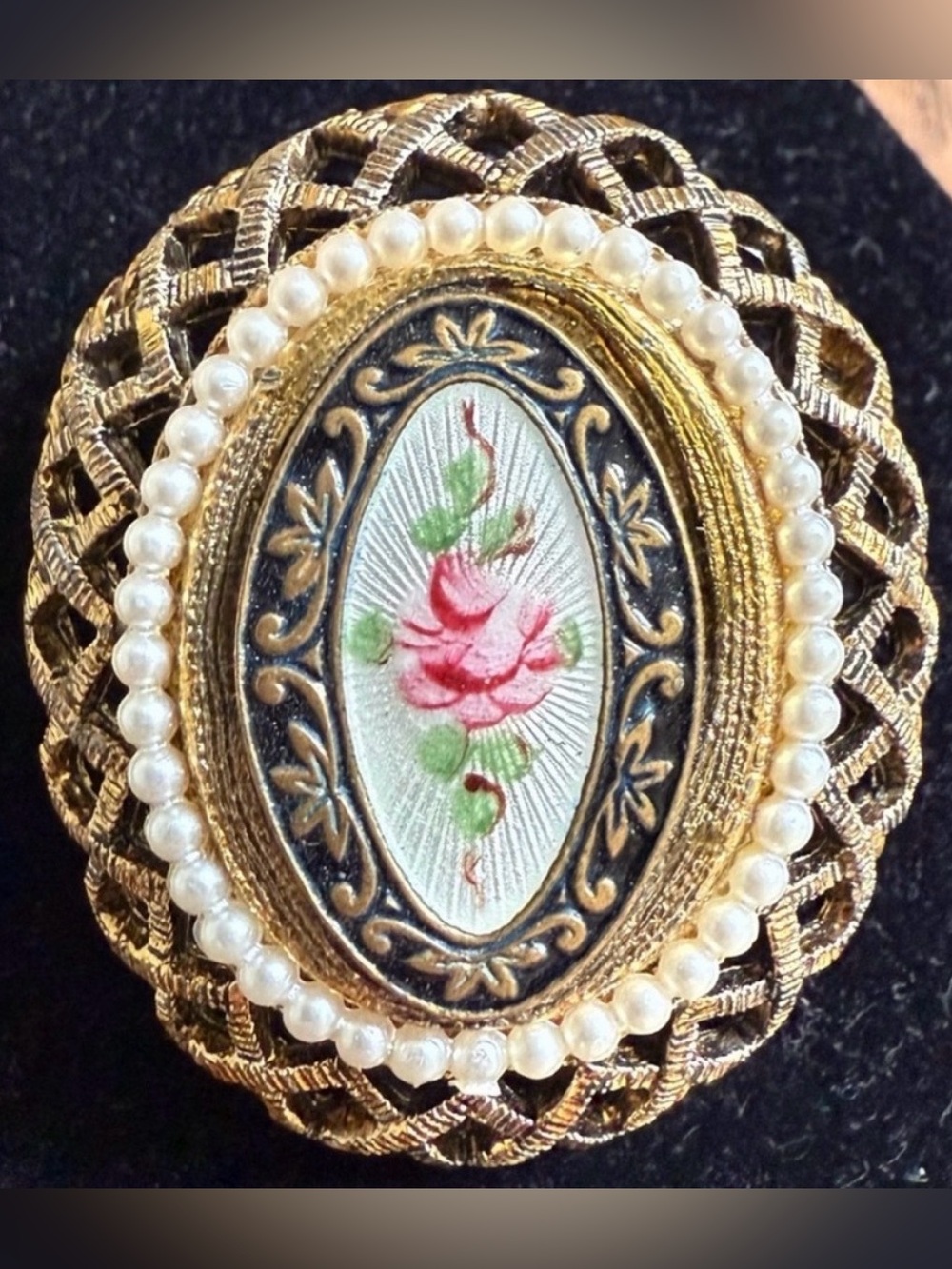 Vintage Faux Pearl Rose Floral Gold Tone Guilloche Brooch Pin Victorian Revival